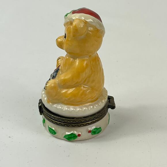 Porcelain Bear Trinket Box Christmas Santa Hat Kitten Holly Hinged Lid Decor - Picture 2 of 9